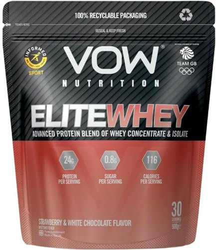 VOW Nutrition EliteWhey Protein, Whey Isolate and Concentrate, 30 Servings, Premium Protein with Naturally Occurring BCAAs, Informed Sports Approved (900g, Strawberry & White Chocolate)