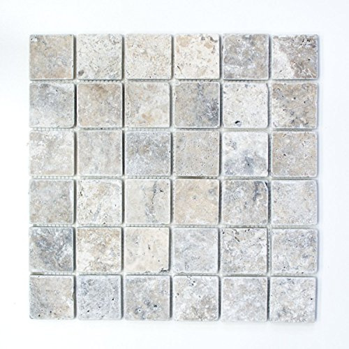 Mosaik Fliese Travertin Naturstein weißgrau silber Antique Travertin für BODEN WAND BAD WC DUSCHE KÜCHE, Mattengröße: 305x305 = 0,09 qm, Steingröße: 48x48x10 mm - 1 Matte