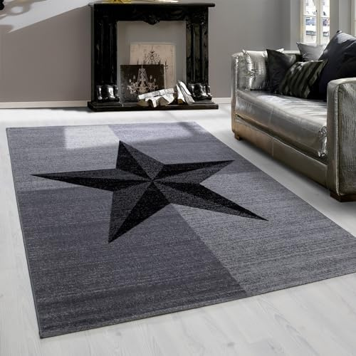 Teppium Moderner Kurzflor Teppich Läufer Flur 80 x 150 cm Grau - Flauschiger Teppich Waschbar, Sterne-Design, Pflegeleicht, Weich - Ideal als Bettvorleger im Schlafzimmer und Küchenläufer