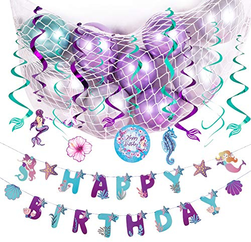 SUNBEAUTY Meerjungfrau Geburtstag Mädchen Party Deko Kit Lila Birthday Girlande Mermaid Spiralen (Deko-Set mit Ballons)