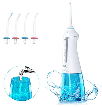 TUREWELL FC1591 Idropulsore Dentale, 300ml Irrigatore Orale Portatile con 3 Modalità IPX7 5 Ugelli di Ricambio, USB ricaricabile per viaggi e uso domestico