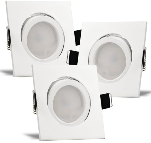 trendlights24 Bianco LED Einbaustrahler 230V Weiß matt eckig dimmbar, 3er Set ultra flach 35 mm Spots 5W Kaltweiß, Decken Einbauleuchte schwenkbar