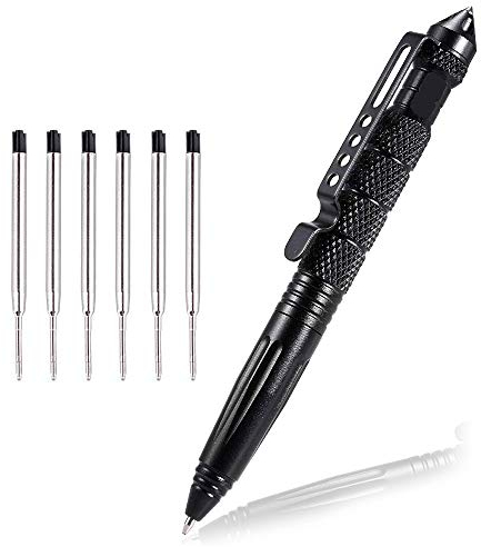 EMAGEREN Tactical Pen Outdoor Selbstverteidigungs Stift mit 5 Tinten Nachfüllpackungen Taktischer Kugelschreiber Wolframstahl Glasbrecher Stift für Schreiben, Emergent Tool und Geschenk Schwarz