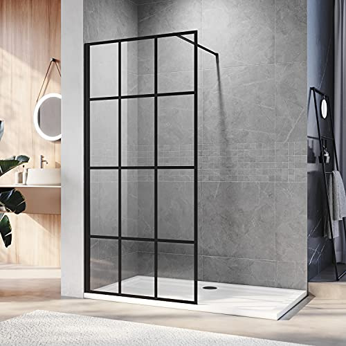 ELEGANT Walk in Black Shower Screen for Wet Room 8mm Safety Tempered Glass Screen Panel Bathroom Reversible Black Grid Framed Shower Screen 1000mm