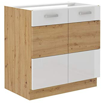Kuechen-preisbombe Spülenschrank 80 cm Eiche Artisan + Weiß Hochglanz Küchenzeile Küchenblock Küche