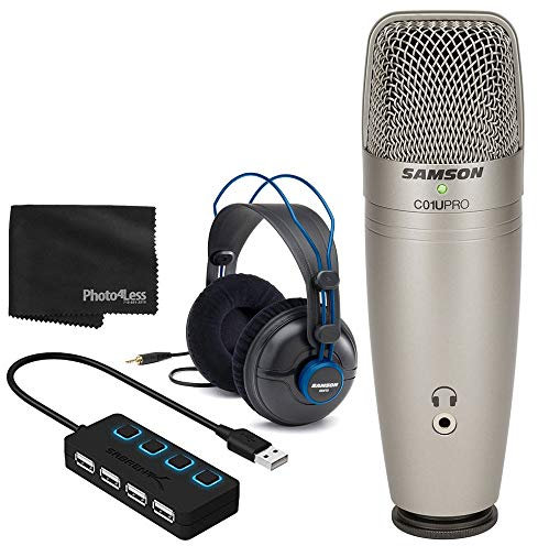 Samson C01U PRO USB Studio Condenser Microphone + Professional Studio Headphones + 4 Port USB 2.0 Hub with Individual LED Lit Power Switches - Great Microphone Bundle