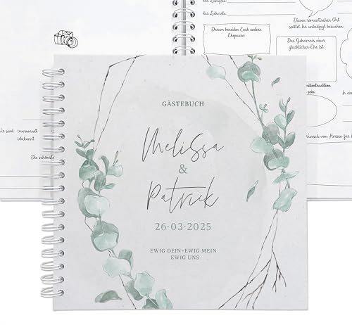 Gästebuch Hochzeit Eukalyptus mit Fragen personalisiert, 25x25 cm Ringbuch mit Spiralbindung, Hochzeitsgästebuch zum Ausfüllen, mit Namen, Feenstaub