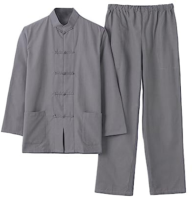 Chinois Traditionnel Manches Longues Tang Costume Kung Fu Uniforme Chemise pour Hommes Kung Fu Veste Pantalon, Coton Pur Tai Chi Uniforme, Hanfu Kung Fu Wing Chun Ch Grey-M