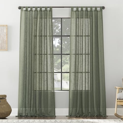 Archaeo Burlap Weave Linen Blend Tab Top Curtain, 50 x 84, Moss Green