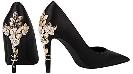 JOEupin Tacchi alti da donna con tacco a punta in raso pompe a spillo abito da sposa per sera e sposa scarpe da donna, nero, 35.5 EU