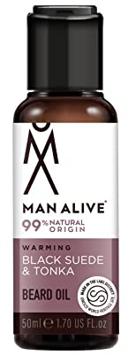 Beard Oil for men by Man Alive 99% Natural skincare 50ml with Oatmeal, Argan Oil, Jojoba Oil & Almond Oil, gifts for men softens facial hair mens gifts birthday gifts for him (Black Suede & Tonka)