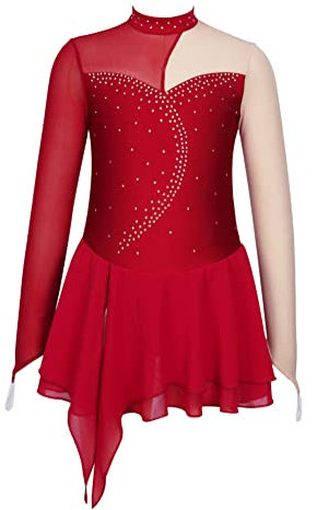 Alvivi Eiskunstlauf Kleid für Kinder Mädchen Ballettkleid Glitzer Rollkunstlauf Kleid Ballettanzug Latein Tanzkleid Eislaufen Wettbewerb Tanzkleidung Rot 122-128
