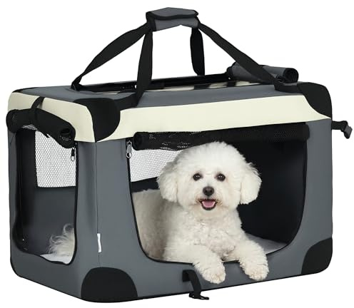 PawHut Panier de Transport Caisse de Transport pour Animal de Compagnie Sac à Main Pliable et Portable Ouverture supérieure Tissu en Maille Respirant Gris Noir
