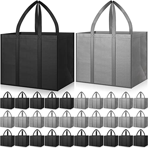 Hillban 30 Pack Reusable Grocery Bags Bulk Heavy Duty Large Shopping Bags Washable Foldable Storage Totes with Handles(Black, Gray,No Dot)
