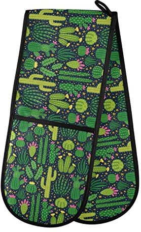 Double Oven Glove Green Cactus Cacti Pattern Heat Resistant Double Ovens Mitt Modern Cooking Gloves Potholders
