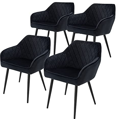 ML-Design Set av 4 matstolar med armstöd och ryggstöd, svart, köksstol med sammetsklädsel, stoppad stol med metallben, ergonomisk stol för matbord, matsalsstol vardagsrumsstol