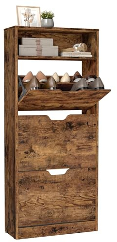 VASAGLE Skoskåp, 3 klaffar, skoställ, skoförvaring, öppet fack, justerbar skiljevägg, för 14-18 par skor, hall, 24 x 60 x 139 cm, vintagebrun LBC046B01