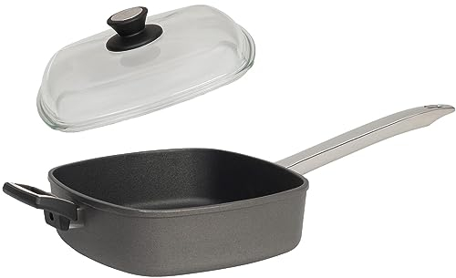 SKK große 2-tlg. Bratpfanne 28x28 cm mit Gegengriff - Induktion - hohe viereckige Aluguss Pfanne beschichtet & Vollglas Deckel - Made in Germany