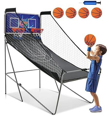 COSTWAY 8 in 1 Basketballautomat, elektrischer Baskeltballständer klappbar, Schießmaschine mit 4 Bällen, 8 Spielmodi, Luftpumpe für 2 Spieler, Arcade Basketballspiel für Kinder Erwachsene