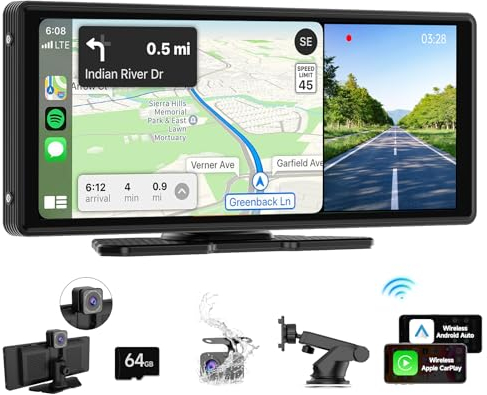 2024 Neuestes Wireless Apple CarPlay & Android Auto mit 2K Frontkamera, 1080P Rückfahrkamera, 9.3-Zoll IPS Car Screen CarPlay Display mit Bluetooth, Mirror Link, AUX/FM Transmitter, 64G TF Karte