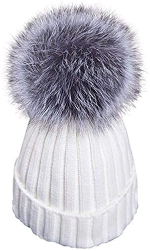 yaxinshi Damen Mütze Strickmütze mit Fellbommel Fuchspelz Groß Fell Pelz Bommel Strick Mütze Winter-Mütze Bommelmütze