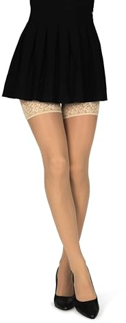 looksy Italienska stay-damstrumpor med spetsexamen, 30 Den, transparent, halkfri silikonband, Overknee-Sexy, halkfria underkläder lårstrumpor Rubens, visone, XL-XXL