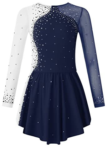 Aislor Tanzkleid Mädchen Pailletten Eiskunstlauf Kleid Kinder Langarm Ballettkleid Tanztrikot mit Rock Kleider Gymnastikanzug Wettbewerb Tanz Kostüme W Navyblau 158-164