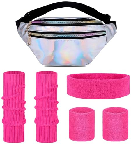 SOETDERT 80er Jahre Outfit Damen Set, 90er Jahre Accessoires Kleidung, Aerobic Outfit Kostüm mit Bauchtasche, Stirnband, Beinwärmer, Retro Neonrosa Fasching Party Karneval Kostüm Zubehör