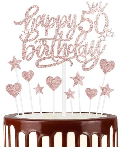 Happy 50th Birthday Cake Toppers, Rose Gold Cake Cupcake Toppers for Cake, Glitter Heart Stars Cake Toppers, Birthday Gift, Personalised Cake Toppers for Women Girls 50th Birthday Cake Decorations