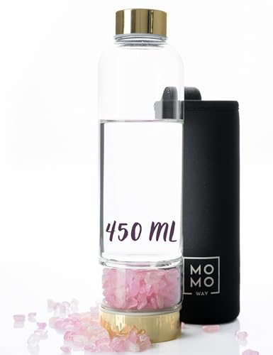 MOMO WAY Borraccia In Vetro Con Quarzo Rosa Borraccia Da 450 ml Perfetta Per Un Regalo Pietre Naturali Di Quarzo Oro