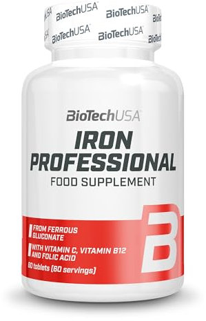 BioTechUSA Iron Professional | Gluconate de fer biologique avec vitamine C | B12 et folate | Supplément végétalien | Pour hommes, femmes, athlètes, 50+ | Absorption améliorée | 60 comprimés