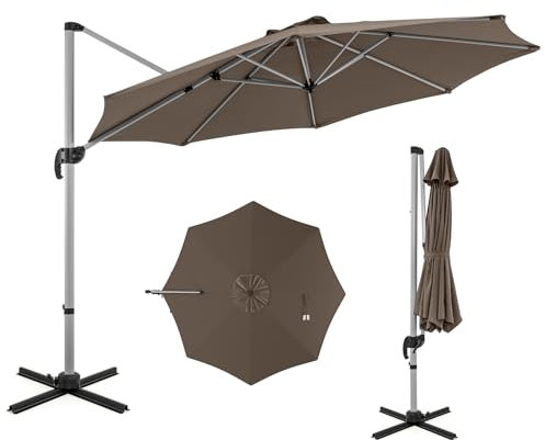 Costway Parasol Déporté Rond Φ339CM Base Croix, Inclinable 5 Angles, Hauteurs Réglables, Excentré Rotatif 360° Manivelle Double Toit (Brun)