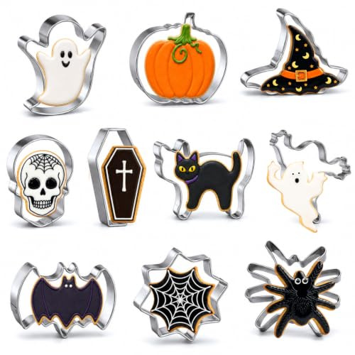 PTaizjjz Halloween-Ausstechformen-Set, 10-teilig, Edelstahl | Kürbis, Fledermaus, Geist, Katze, Hexenhut, Totenkopf, Spinnennetz, Spinne,Sarg, für Halloween-Party-Dekorationen