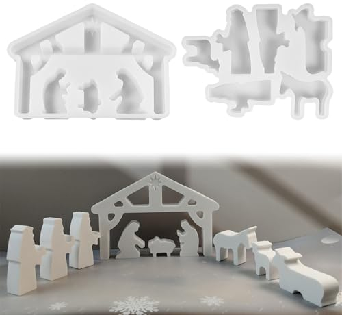 2 Stück Krippe Silikon Gießform Weihnachten, Silikonformen Gießformen, Krippe Set Gießformen Silikon, Silikonform Weihnachten, Krippenfiguren Gießform, Giessformen Gipsformen für DIY Handwerk (B)