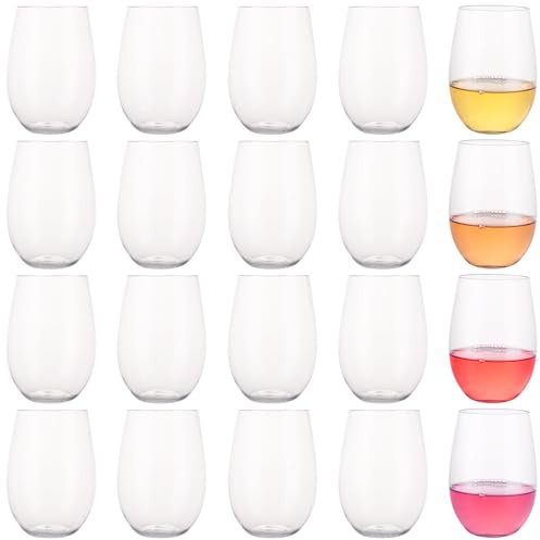 LOLYSIC 20 copas de vino de plástico reutilizables, 16 onzas, 450 ml, copas de vino de plástico transparente sin tallo, copas de vino de plástico irrompibles para camping, picnic, fiesta, bodas