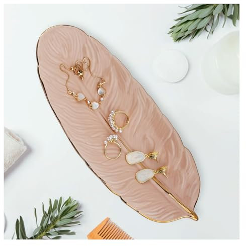 YoHyien Ceramica Piattino Portagioie, Decorativo Piatto Portaoggetti, Piattino Porta Gioielli a Forma di Piuma, Jewelry Bowl, Svuotatasche Ceramica per Anelli, Collane, Braccialetti (Rosa)