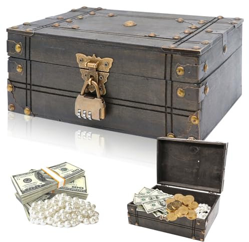Forbabe Schatztruhe Holz, Vintage Schatzkiste Große Schatztruhe mit Zahlenschloss Schatzkiste Holz mit Deckel Schatztruhe Kindergeburtstag für Aufbewahren und Dekorieren Geschenke (23.5x16x9cm, Grau)
