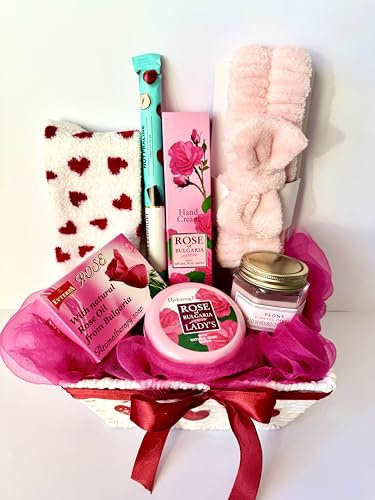 Rose of Bulgaria Luxury Spa Gift Basket, Mother's Day Pamper Set with Hand Cream, Face Cream, Rose Oil Soap, Pink Headband, Heart Pattern Socks