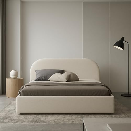 Sofello Polsterbett Moon 90x200 120x200 140x200 160x200 180x200 200x200 mit Bettkasten aus Metall Stauraum Boucle-Webart ohne Matratze (Quelle 03 - beige, 120x200)