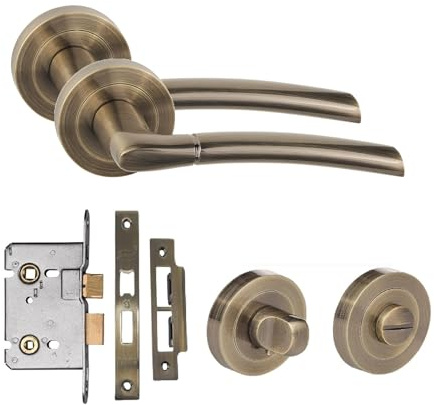 Golden Grace Indiana Bathroom Door Handle Set Mortise Lock, Antique Brass | Antique brass finish on a metal rose base resists high humidity; 1 pair supplied to fit any standard interior washroom.