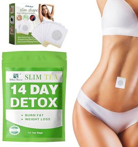 14 Tage Tee Zum Abnehmen Set, Detox Cleanse Weight Loss Tea mit 10 Abnehmen Patch, Sanfte Entgiftung und Reinigung zur Gewichtsreduktion und zum Abbau von Bauchfett