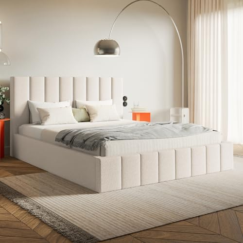 MOTIVENA Ibiza Bett 120x200 Beige Boucle, mit Stauraum, mit Kopfteil, mit Lattenrost, ohne Füße, ohne Matratze, Polsterbett 120x200 mit Bettkasten Beige (Creme)