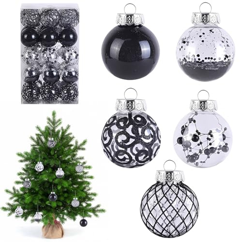 30 Stück Weihnachtskugeln Weihnachtsdeko Set Schwarz, 6cm Weihnachtsbaumschmuck Weihnachtskugeln Handbearbeitet mit Aufhänger für Christbaumschmuck & Weihnachten Deko Christmas Balls