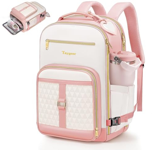 Taygeer Rucksack Handgepäck Flugzeug 40x30x20 Kompatibel mit Ryanair Handgepäck, Reiserucksack Damen mit Schuhfach und Gepäckanhänger, Wasserdicht Laptop Rucksack 15.6 zoll für Weekender, Weiß Rosa