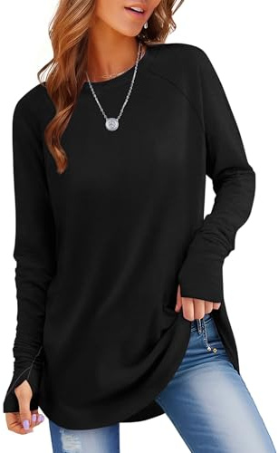 Rapbin Oversize Langarmshirt Damen Rundhals Pullover Sweatshirt Basic Tunika Tops Elegant T-Shirt Mit Daumenloch Oberteil Schwarz XXL