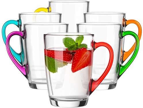 Glasmark KROSNO 1992 Tasse Set 6 Stück Kaffeetasse mit buntem Henkel Kaffeegläser 300 ml Glas Transparent