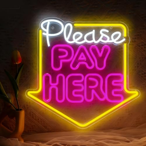 Please Pay Here Neon Schild, LED Bunt Neon Sign für Wand Deko, Dimmbare Neonlichter USB Power für Business Coffee Store Shop Restaurant Bar Supermarkt für Eröffnungs Geschenk