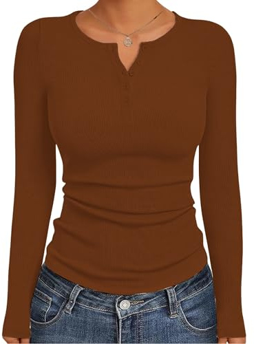 GLEENOD Långärmad Tröja Dam Ribbad Henley Knappslå Basic Topp