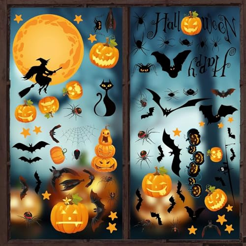 DazzJoy 9 Stück Halloween Fensterbilder Selbstklebend, Halloween Deko Fenster Sticker mit Fledermaus, Kürbis, Hexe, Spinne Muster usw., Halloweens Horror Deko Fensteraufkleber, Halloweene Fensterdeko