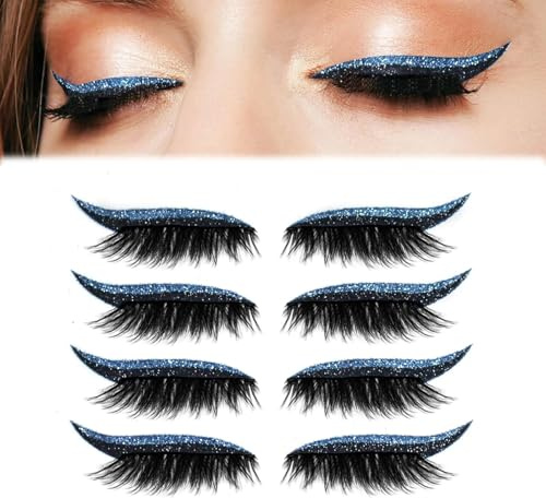 4 Paar Lazy Eyeshadow Wimpernpatch, Lazy Eye Shadow Eyelash Patch, Glitzer-Lidschatten-Aufkleber Mit Wimpern, Einfach Aufzutragender Lidschatten Und Wimpern in Einem, Kein Kleber Nötig (Blau)